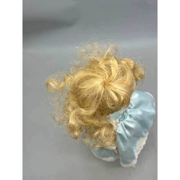 Vintage Porcelain Doll Blonde Curly Hair Blue Eyes Dress Lace Trim Figurine READ - Picture 8 of 11